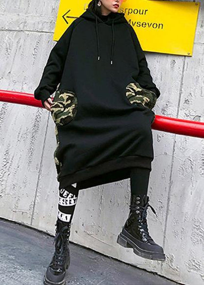 Classy Hooded Pockets Spring Clothes for Neckline Black Robe Dresses