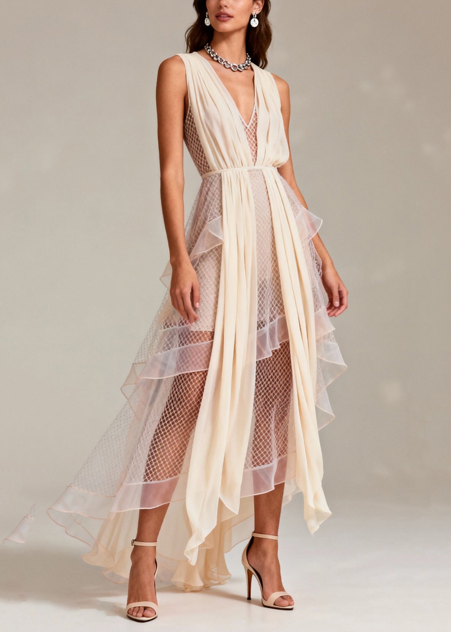 Beige V Neck Patchwork Mesh Long Dress Summer