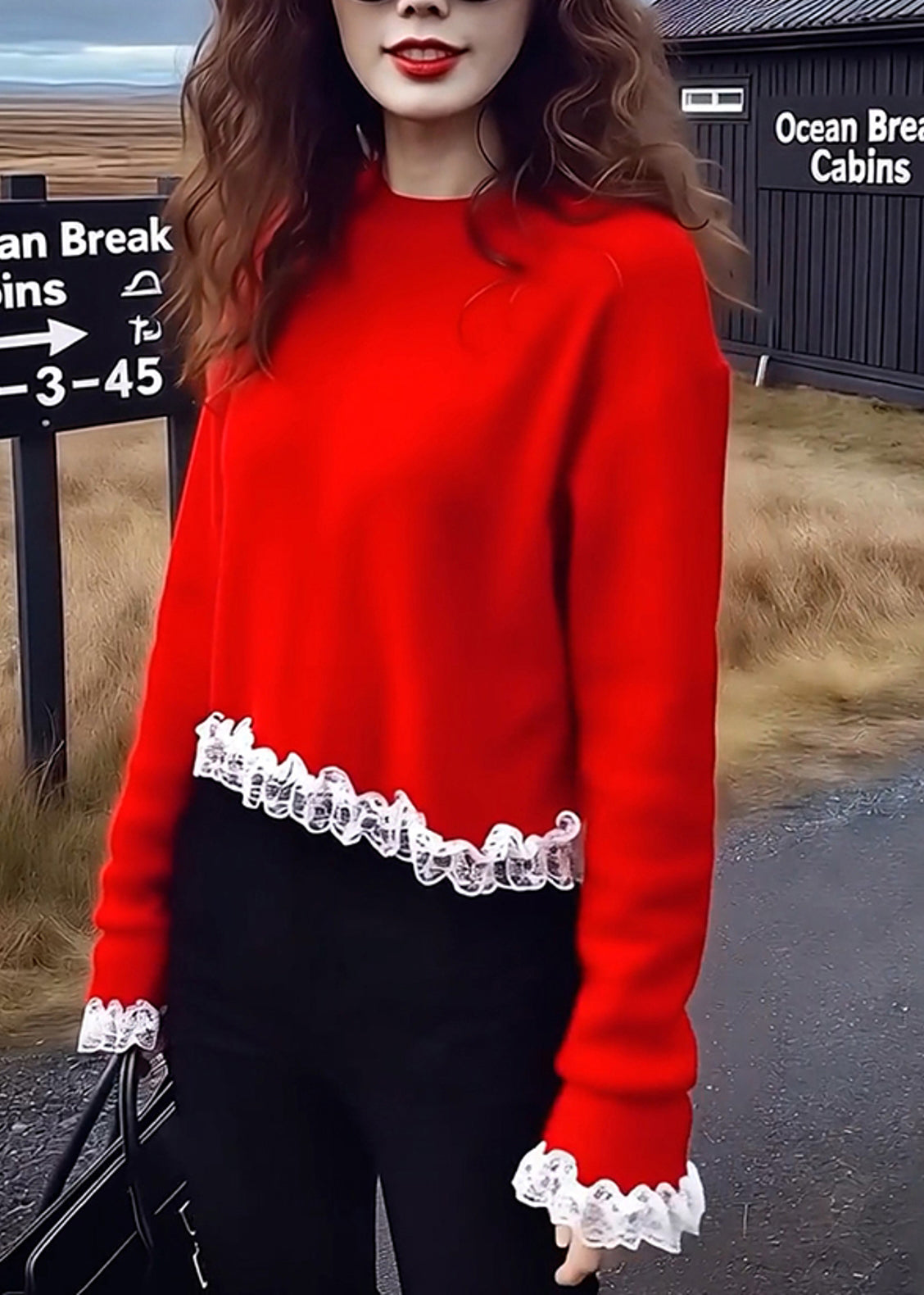 Red Oversized Patchwork Lace Sweaters Spring