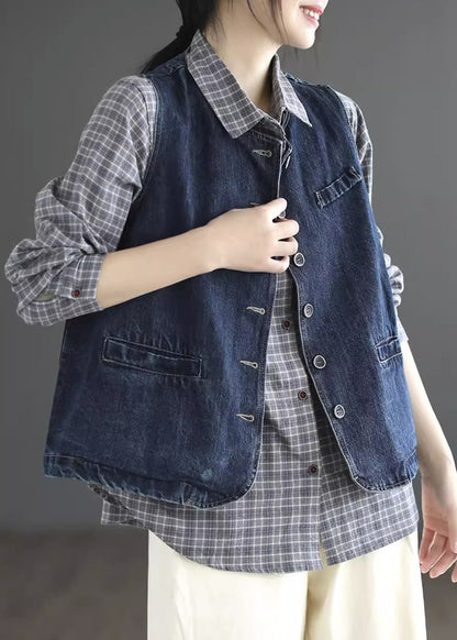 Dark Blue O-neck Pockets Denim Waistcoat Sleeveless