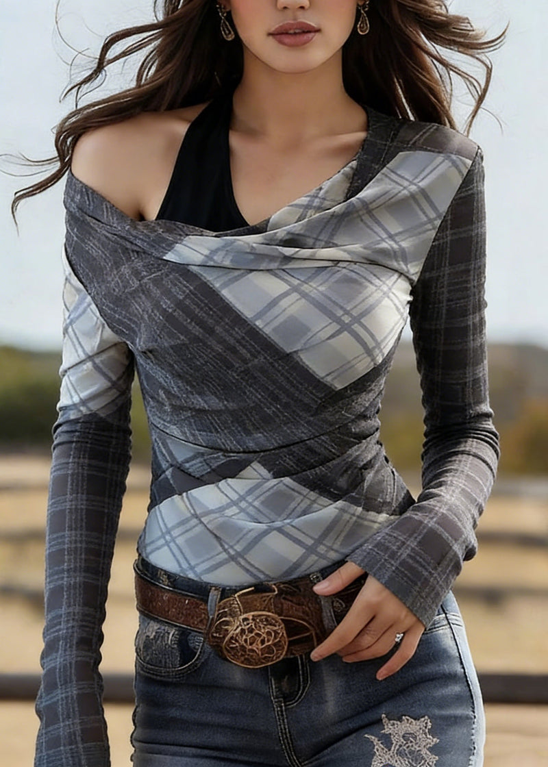 Plaid Asymmetrical Cold Shoulder Chiffon Top Spring
