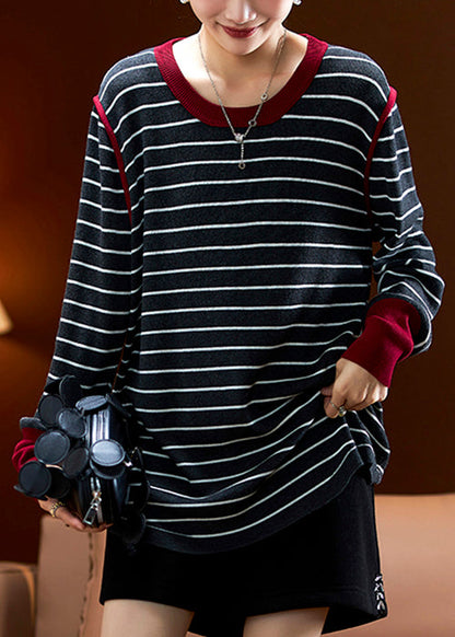 Wine Red Striped Patchwork Cotton Knit Tops Spring