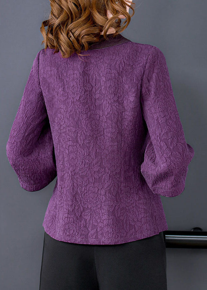 Purple V Neck Jacquard Patchwork Silk Shirts Bracelet Sleeve