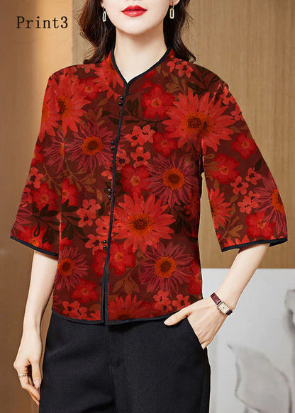 White Text Mandarin Collar Print Silk Shirt Tops Half Sleeve