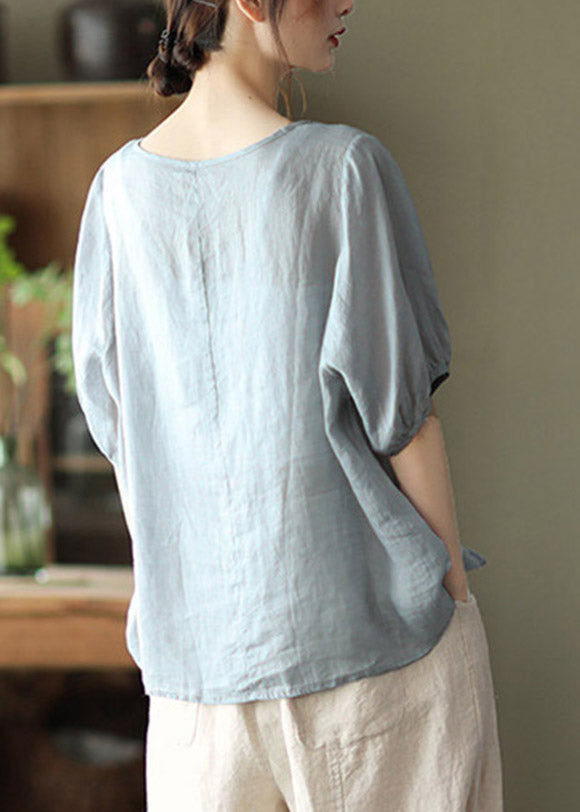 Brief Dusty Blue O-neck Embroideried Lace Up Linen Tops Half Sleeve