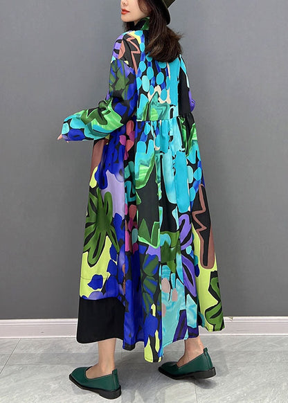 Blue Print Patchwork Cotton Long Dresses Fall