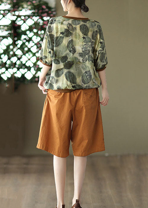 Green O Neck Print Patchwork Linen T Shirt Tops Summer