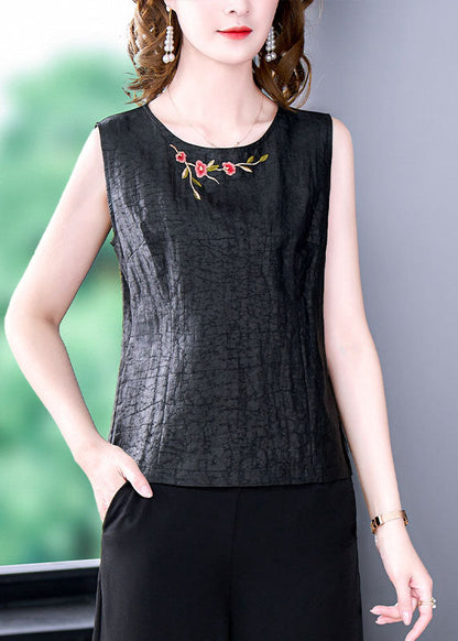 French Black O-neck Embroideried Patchwork Silk T Shirt Tops Sleeveless