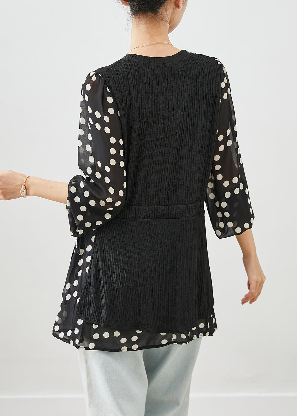 Black Cinched Patchwork Fake Two Piece Shirt Top Fall