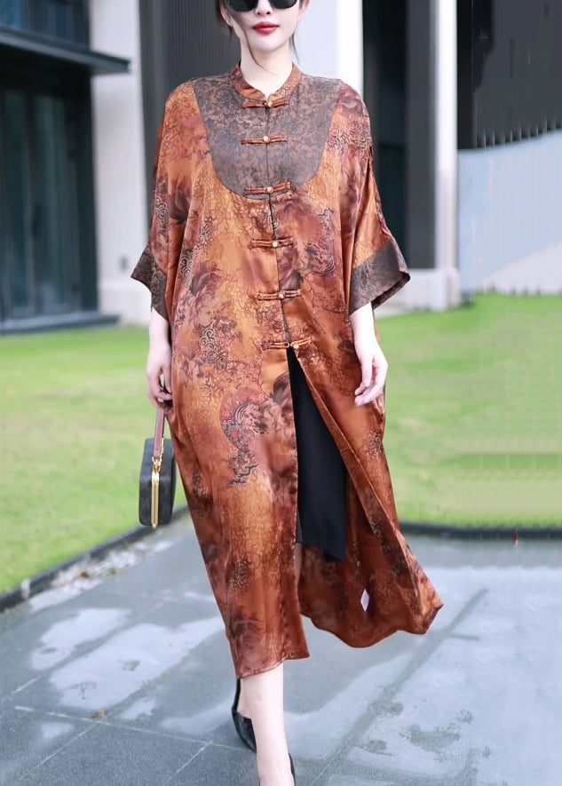 Loose Orange Button Patchwork Thin Silk Long Coats Bracelet Sleeve