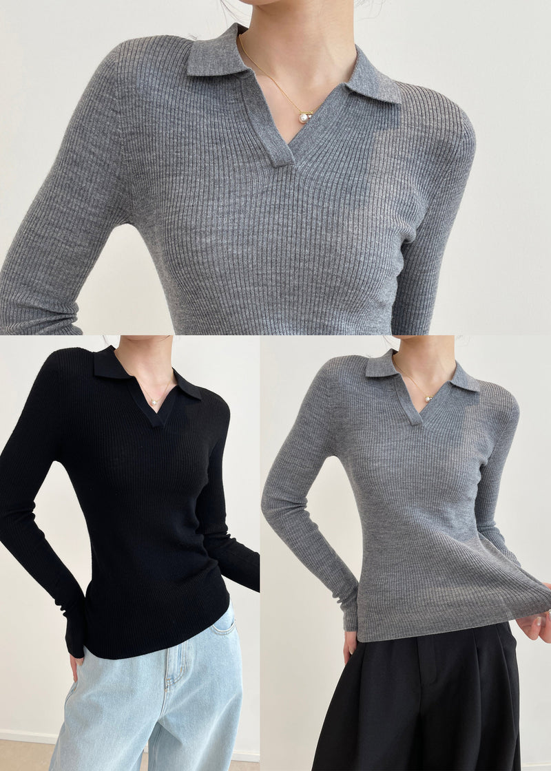 Black V Neck Silm Fit Knit Tops Spring