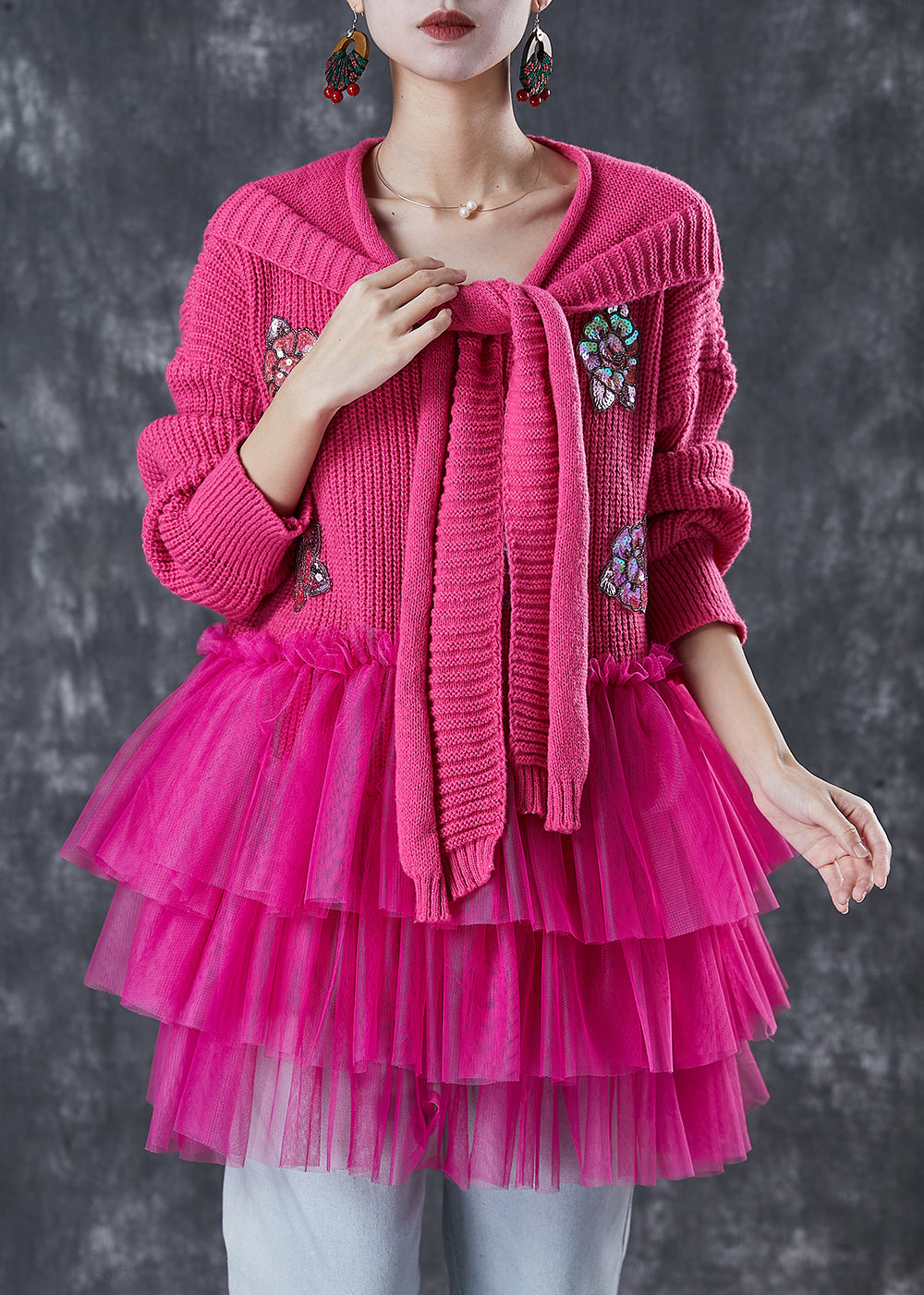 Rose Sequins Knit Sweater Dress and Shawl Two Piece Set Winter