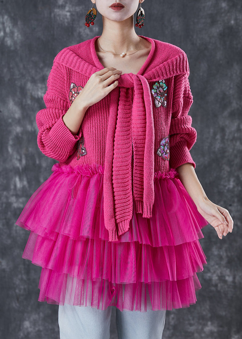 Rose Sequins Knit Sweater Dress and Shawl Two Piece Set Winter