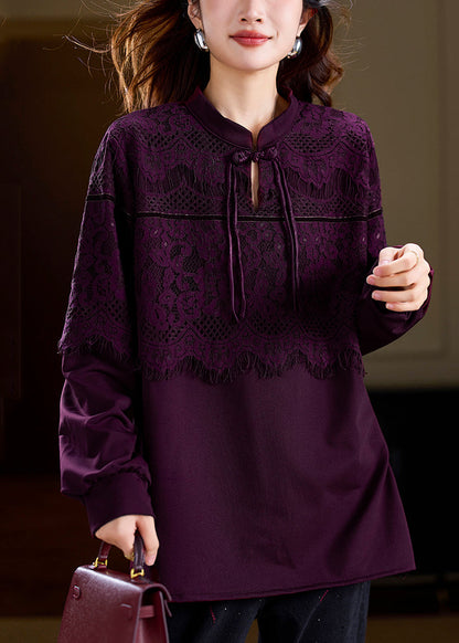 Purple Chinese Button Patchwork Lace T Shirts Spring