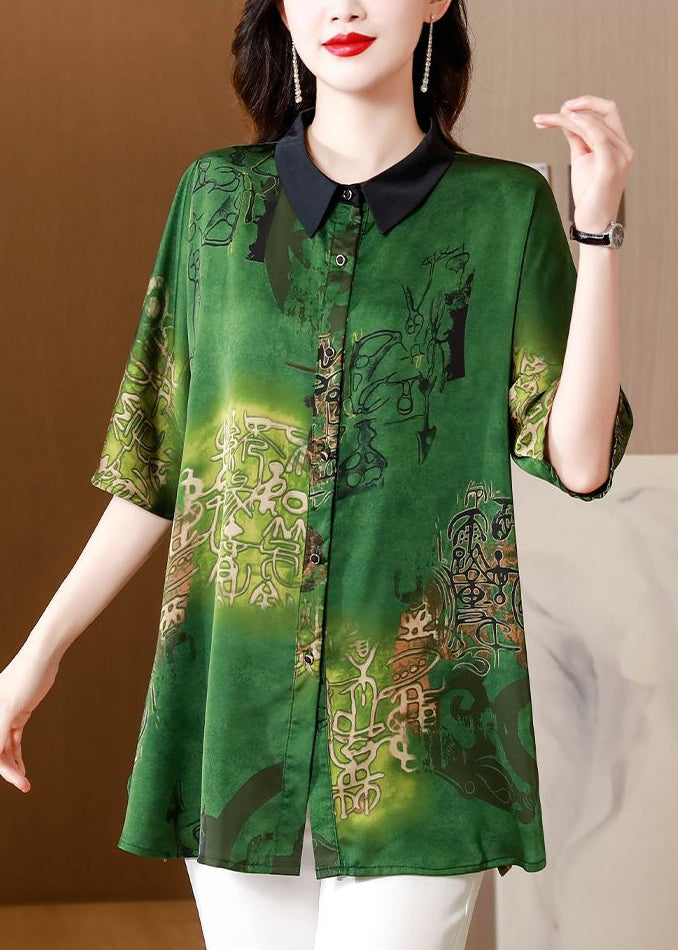 French Green Peter Pan Collar Print Silk Shirts Summer
