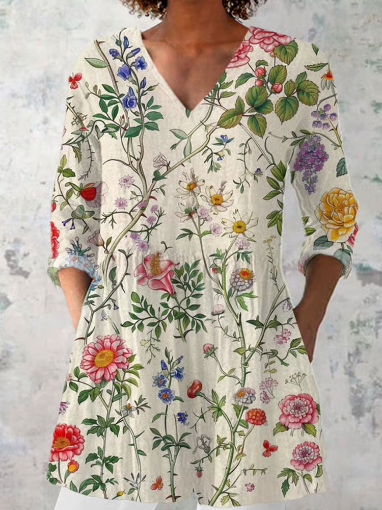 Comstylish Women's Vintage Floral Cotton And Linen Top