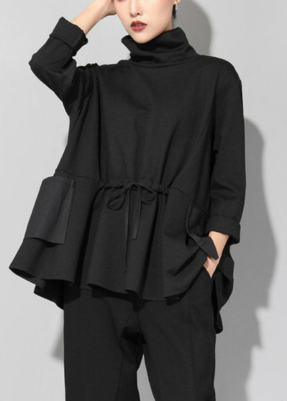 Handmade Black Turtleneck Patchwork Pockets Tie Waist Fall Top Long Sleeve