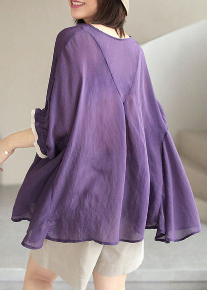 Purple O-neck Patchwork Ruffled Fall Shirt Half Sleeve