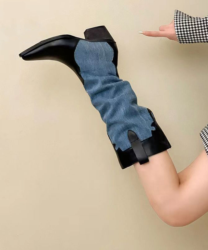 Black Long Boots Splicing Chunky Pointed Toe