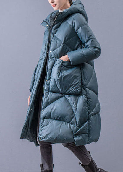 Blue-green Hooded Zippered Oversized Thick Duck Down Puffers Jackets Winter