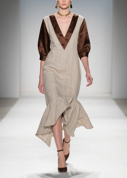 V Neck Ruffled Patchwork Linen Silk Dress Summer