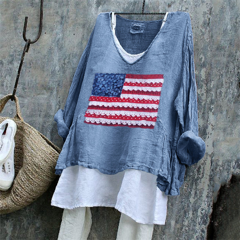 Comstylish American Flag Fiber Art Patch Linen Tunic