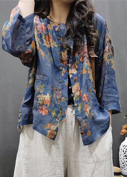 Blue Print Button Linen Top Long Sleeve