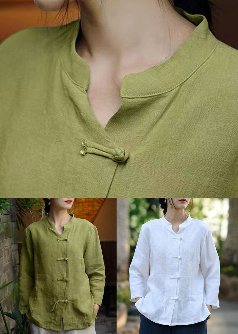 White Button Linen Coats Stand Collar Spring