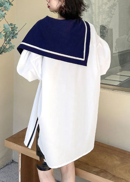 Simple White Button Side Open Sailor Collar Asymmetrical Shirt Spring