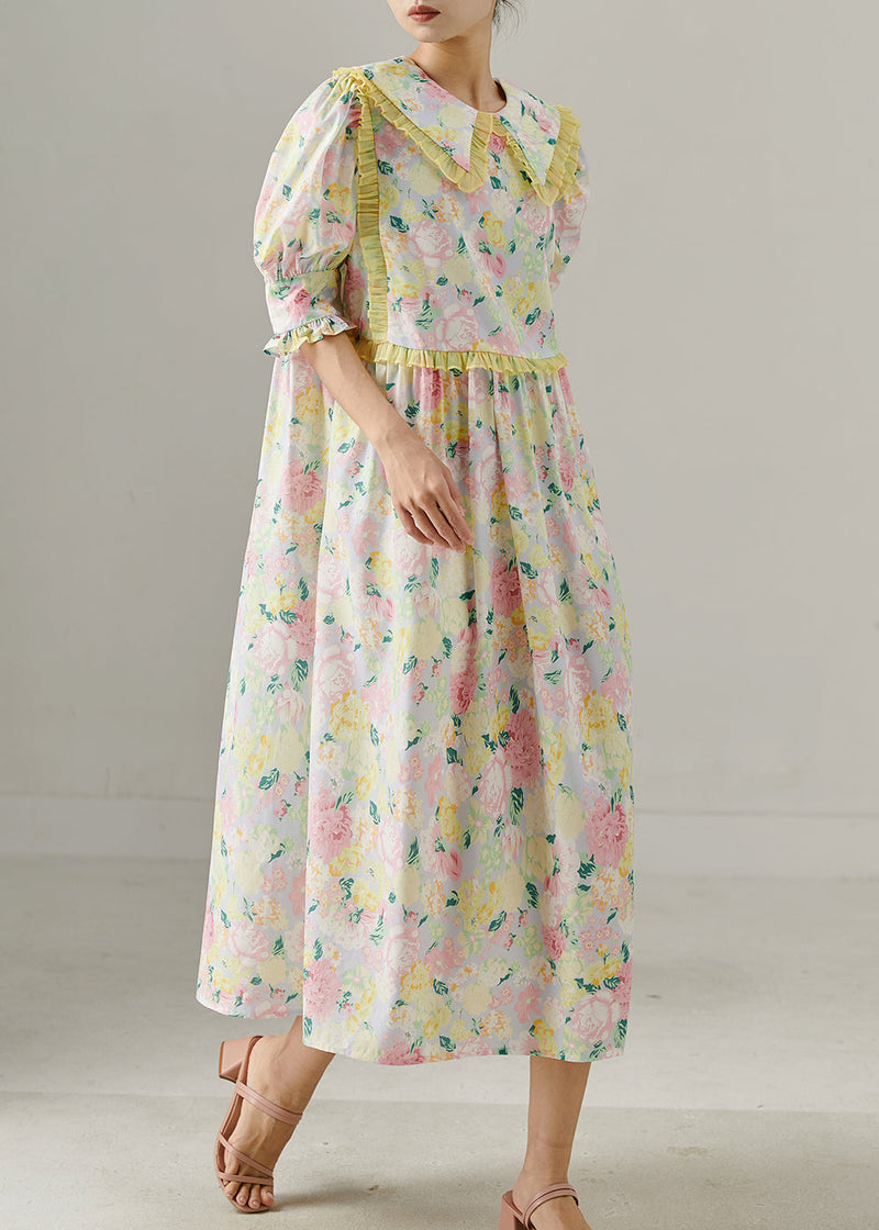 Modern Pink Ruffle Print Holiday Cotton Dress Puff Sleeve Summer
