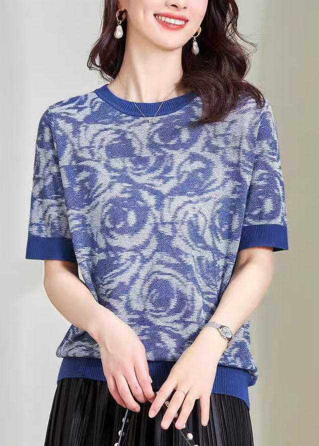 Diy Blue O-neck Print Knit Top Summer