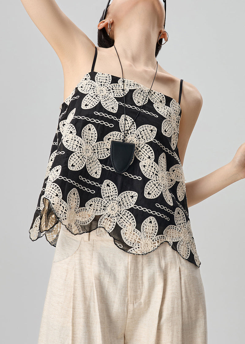Handmade Black Embroidered Cotton Spaghetti Strap Tank Sleeveless