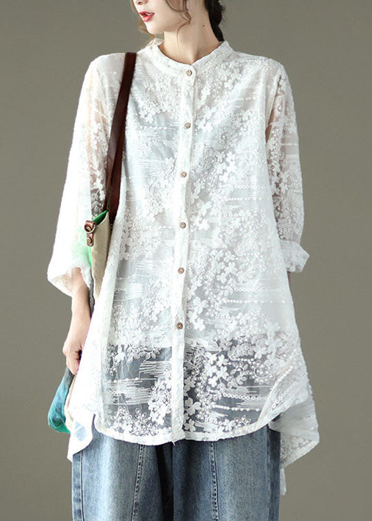 Loose White Hollow Out Lace Upf 50+ Shirts Long Sleeve