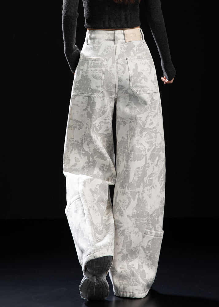 Italian White Tie Dye Patchwork Pockets Warm Fleece Pants Spring
