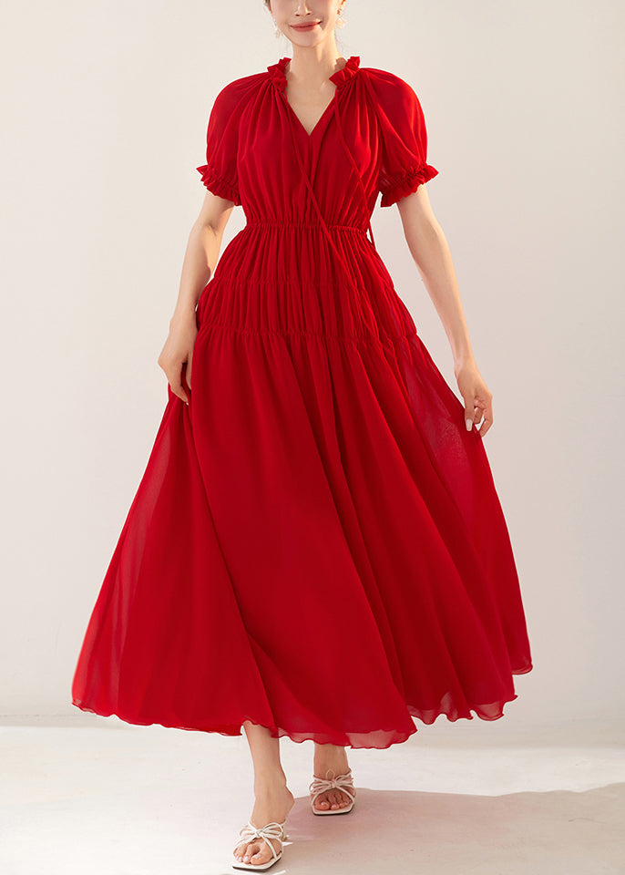 Red Ruffled Elastic Waist Chiffon Long Dresses Summer
