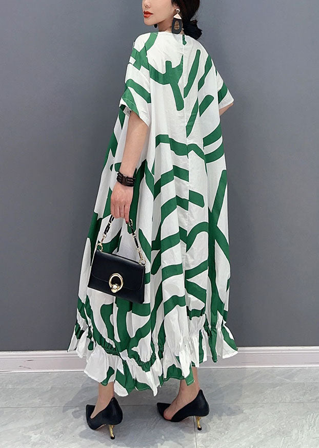 Green Striped Oversized Wrinkled Cotton Maxi Dresses Summer