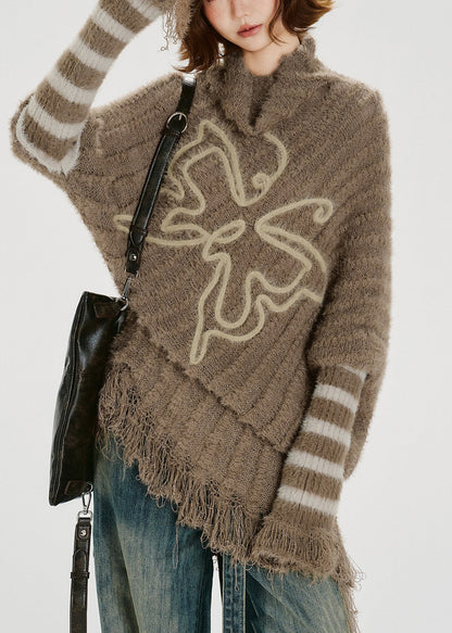 Unique Khaki Turtle Neck Tasseled Knitted Tops Batwing Sleeve Winter