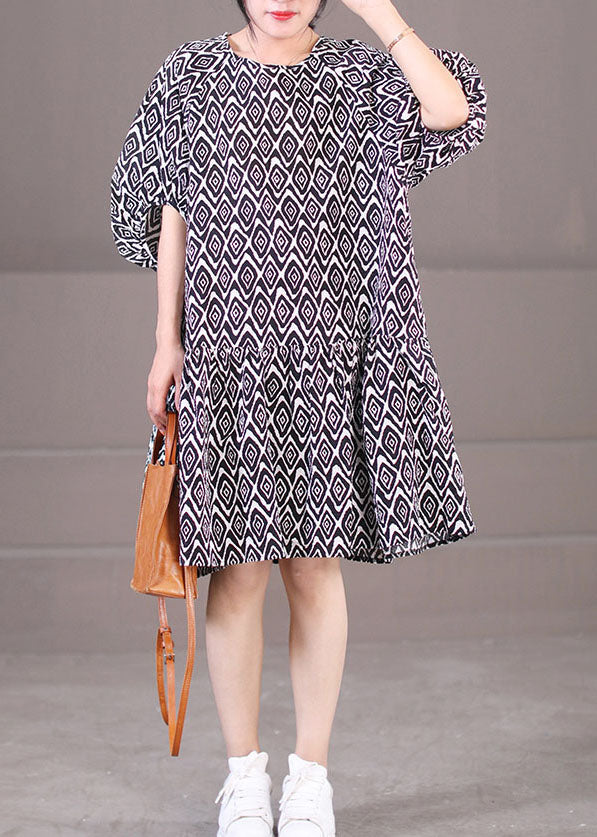 Black Puff Sleeve Plaid Print Patchwork Cotton a Line Dress Summer