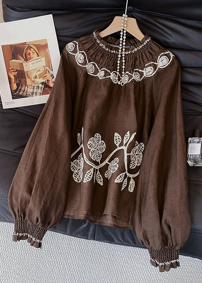 Coffee Embroidered Wrinkled Cotton Blouses Fall