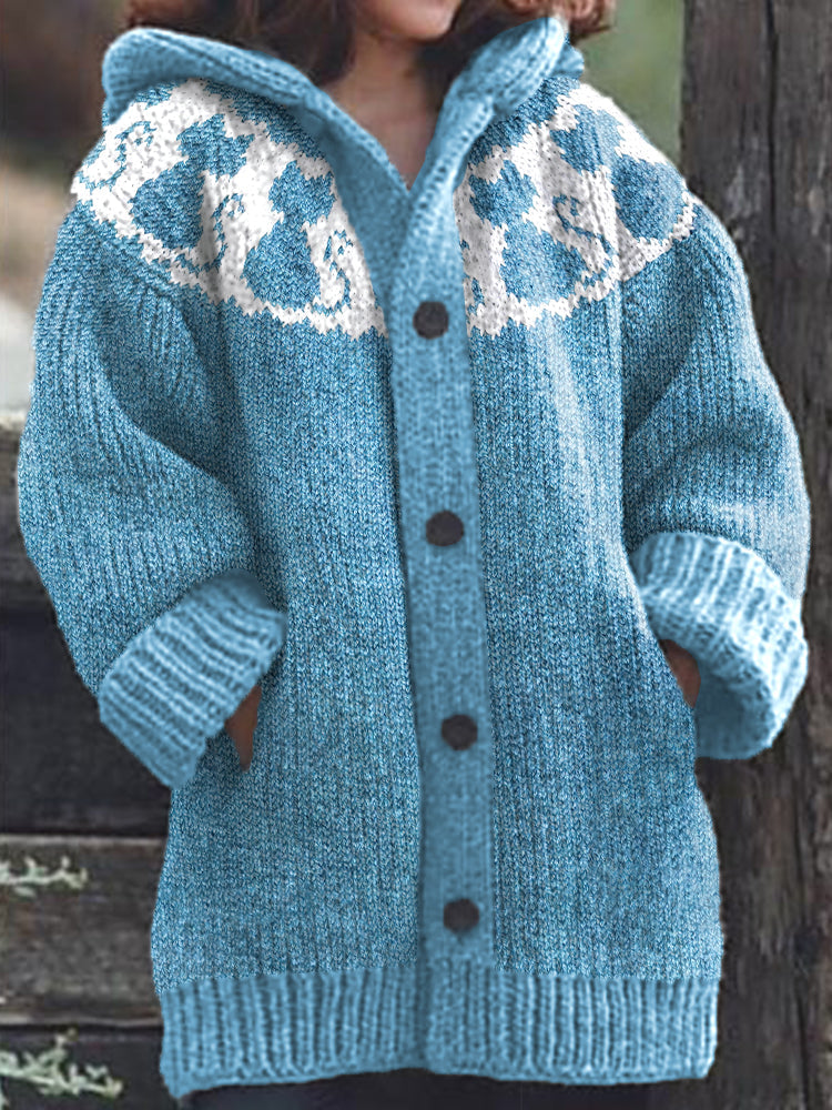 Comstylish Cute Cats Pattern Cozy Knit Hooded Cardigan