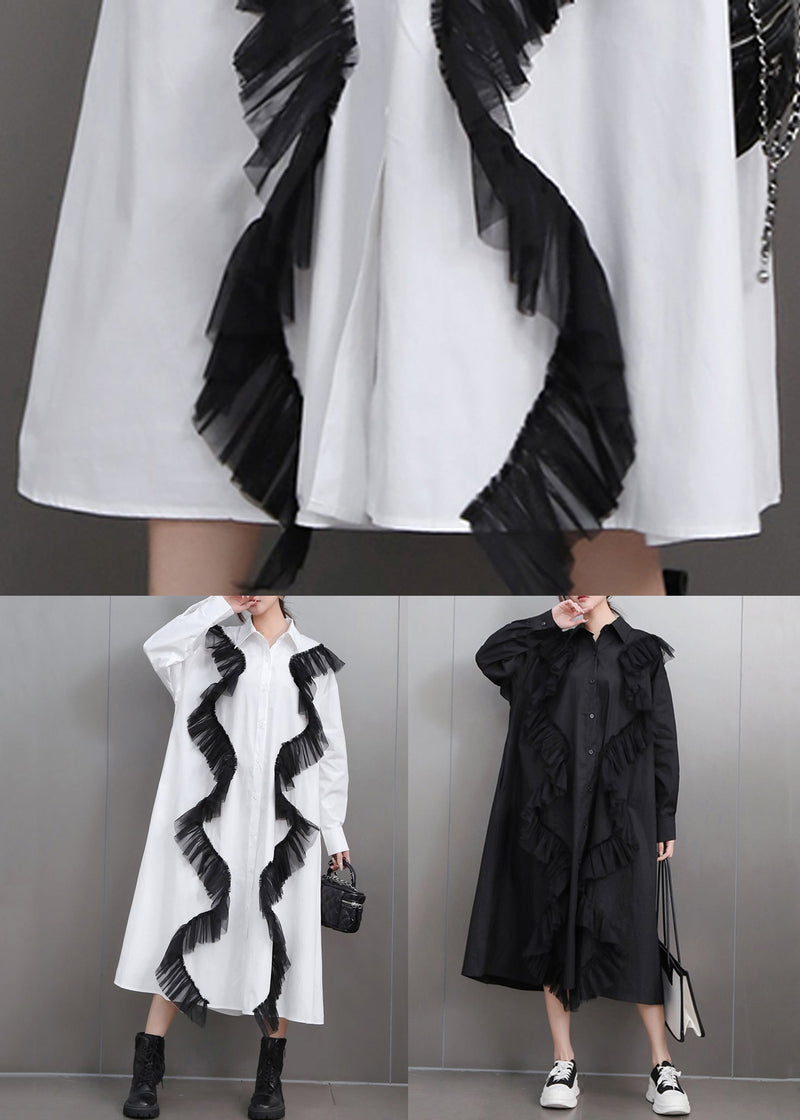 Loose White Pockets Tulle Patchwork Cotton Shirts Dress Fall