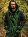 Men's Shamrock Pattern Contrast Cozy Knit Hooded Cardigan elevenforest