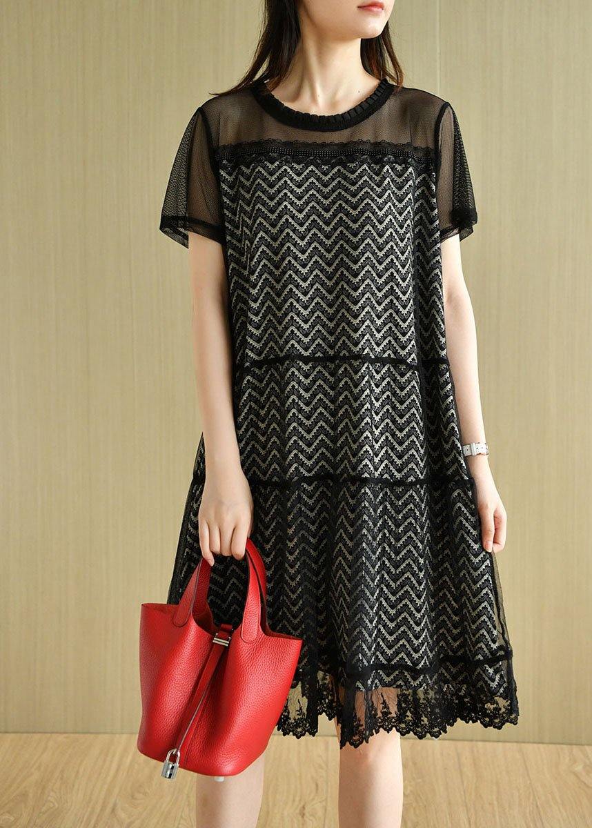 Black O-neck Tulle Patchwork Summer Long Dresses Short Sleeve