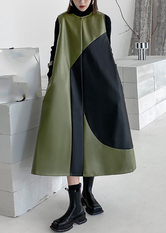 Style Army Green O-neck Patchwork Zippered Party Long Waistcoat Dress Spring