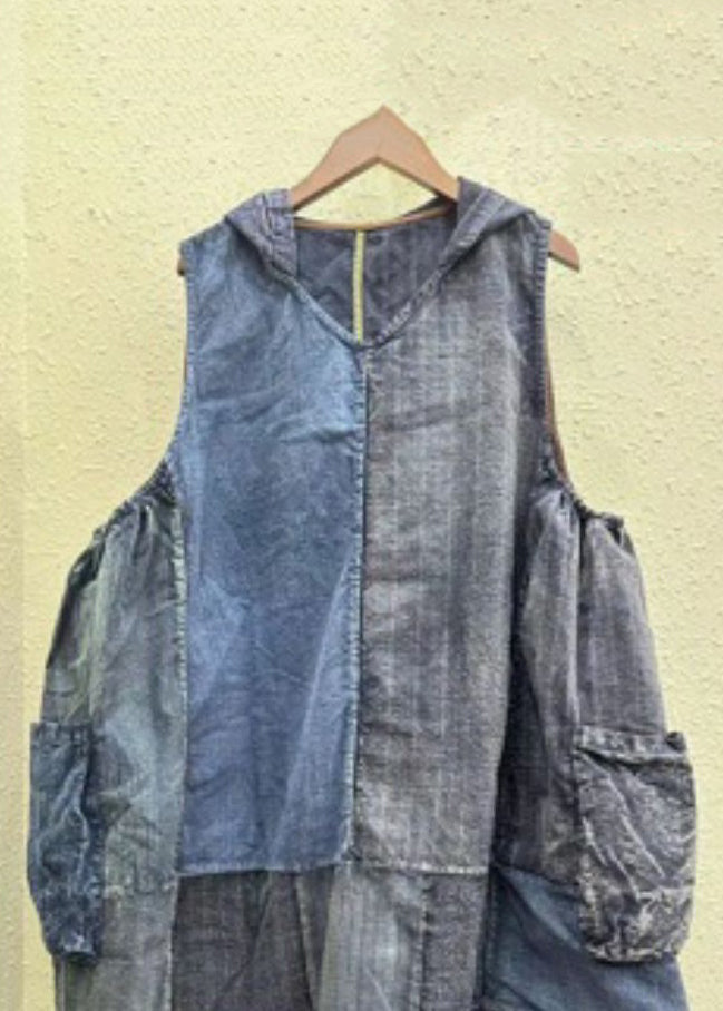 Colorblock Hooded Pockets Cotton Waistcoat Sleeveless