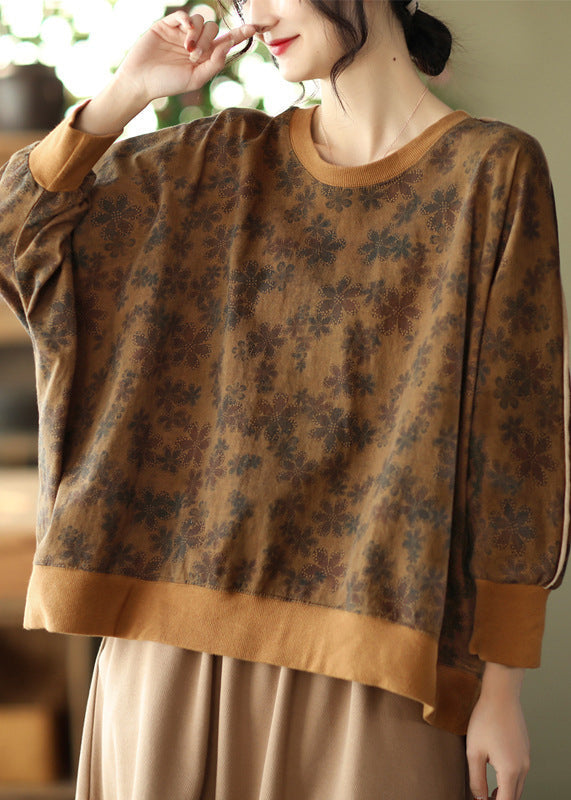 Chocolate Patchwork Cotton Sweatshirt Top Batwing Sleeve