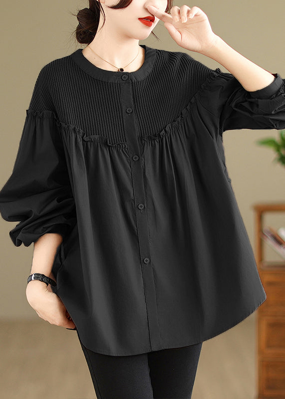 Black Ruffled Patchwork Button Top Spring