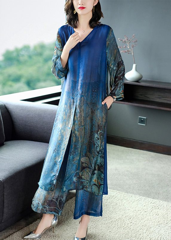 Boutique Blue V Neck Side Open Print Silk Dress and Wide Leg Pants Sets Two Pieces Summer
