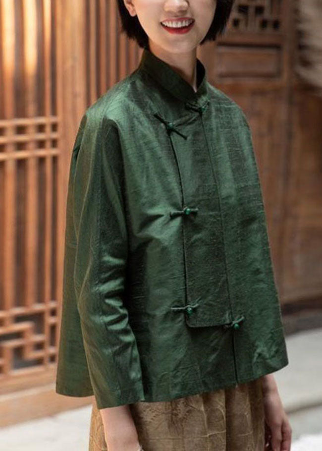 Chinese Style Green Stand Collar Button Tops Long Sleeve