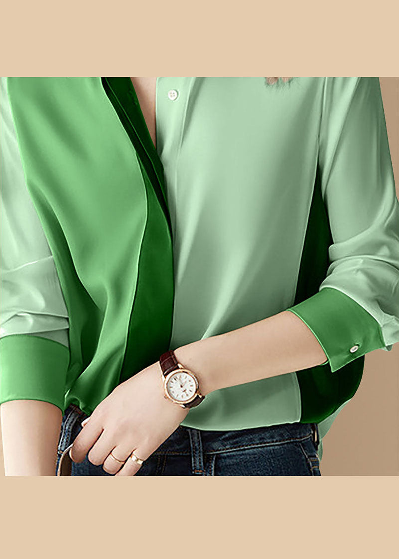 Italian Green Button Peter Pan Collar Patchwork Blouse Top Long Sleeve